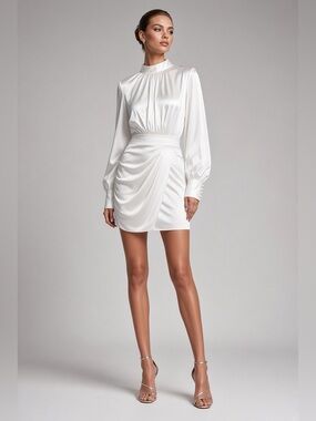 Glamaker Ivory Satin Ruched Mini Dress with Shoulder Pads – Size S